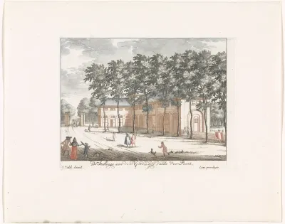 Gezicht op de stallen aan de noordzijde van de voorpoort bij Paleis Soestdijk