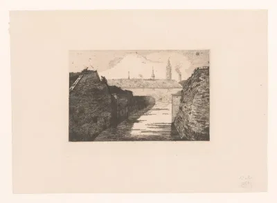 Gezicht op de toegang van de rivier Trouille tot de stad Mons