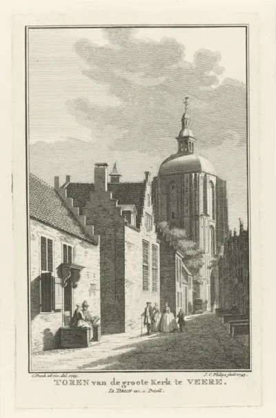 Gezicht op de toren van de Grote Kerk te Veere, 1743