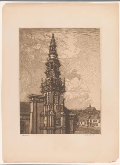 Gezicht op de toren van de Nieuwe Kerk te Haarlem