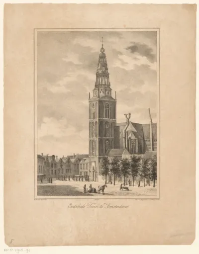Gezicht op de toren van de Oude Kerk te Amsterdam
