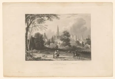 Gezicht op de toren van het stadhuis en de Kathedraal van Sint-Michiel en Sint-Goedele te Brussel