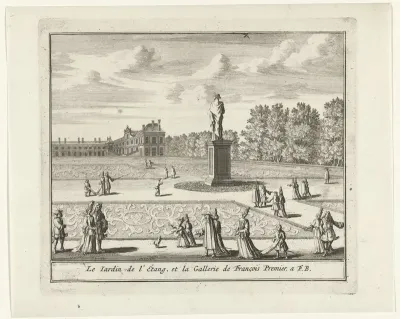 Gezicht op de tuin en de Galerie François I van het paleis van Fontainebleau