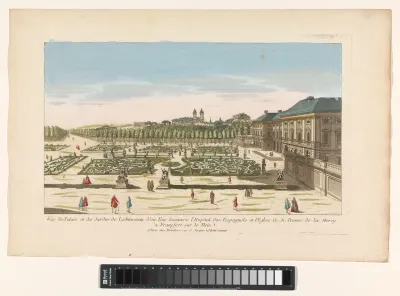 Gezicht op de tuin en het Gartenpalais Liechtenstein te Wenen
