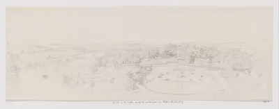 Gezicht op de tuin en het land tot aan de Salak vanuit de achterzijde van het paleis Buitenzorg (Bogor), West-Java