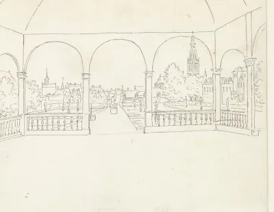 Gezicht op de tuin van het kasteel van Breda vanuit een galerij