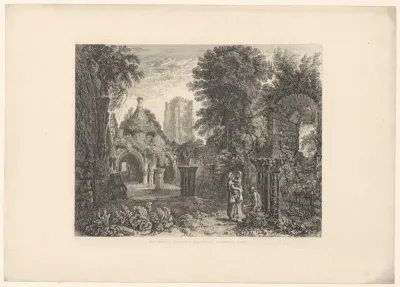 Gezicht op de tuinen en keuken bij Fountains Abbey