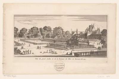 Gezicht op de tuinen en Tiberfontein van kasteel Fontainebleau