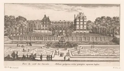 Gezicht op de tuinen met watervallen van kasteel Rochefoucauld