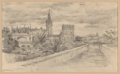Gezicht op de tuinen van het Koninklijk Paleis te Sevilla