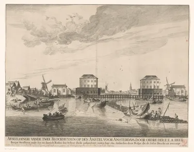 Gezicht op de twee Blokhuizen in de Amstel, 1651-1654