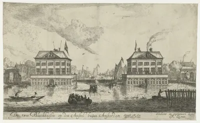 Gezicht op de twee Blokhuizen in de Amstel