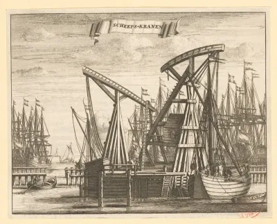 Gezicht op de twee haven- of scheepskranen in het IJ te Amsterdam