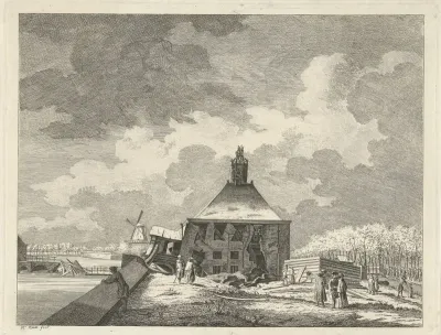 Gezicht op de verzakte Eerste Muiderpoort te Amsterdam vanaf de schans