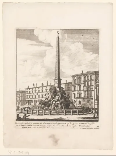 Gezicht op de Vierstromenfontein op het Piazza Navona, te Rome