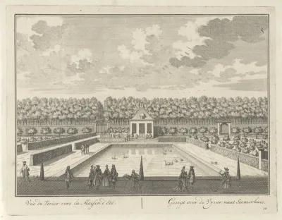 Gezicht op de vijver en het zomerhuis bij Kasteel Zuilenstein