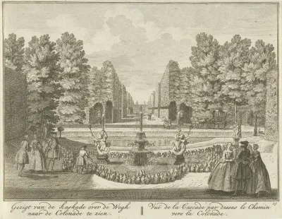 Gezicht op de vijver richting de colonnade in de tuin van Huis ter Meer te Maarssen