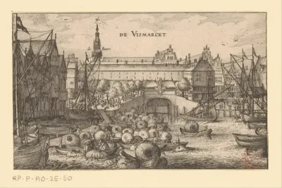 Gezicht op de Vismarkt bij de Damsluis op de Dam te Amsterdam