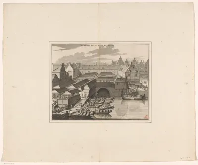 Gezicht op de Vismarkt bij de Damsluis op de Dam te Amsterdam