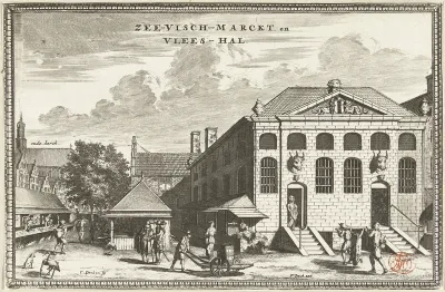 Gezicht op de vismarkt en de Vleeshal te Delft