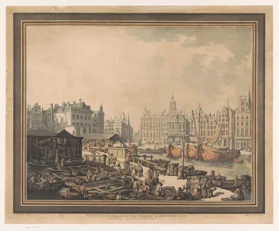 Gezicht op de vismarkt op de Dam te Amsterdam