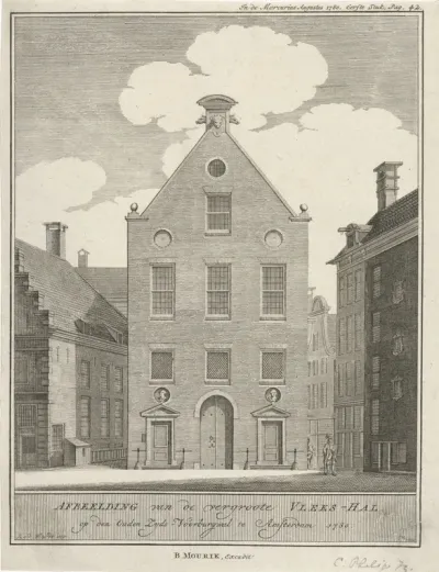 Gezicht op de Vleeshal aan de Oudezijds Voorburgwal te Amsterdam