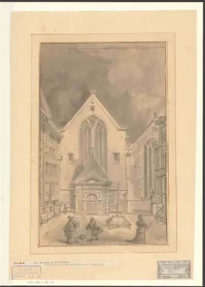 Gezicht op de voorgevel van de Waalse Kerk aan het Walenpleintje