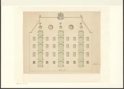 Gezicht op de voorgevel van een pakhuis