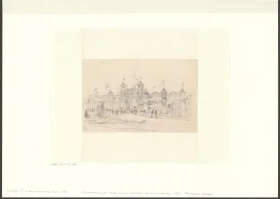 Gezicht op de voorgevel van het paviljoen der Koloniale Afdeling op de Internationale Koloniale en Uitvoerhandel Tentoonstelling te Amsterdam van 1883