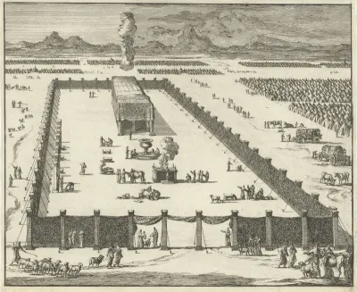 Gezicht op de voorhof en het tabernakel
