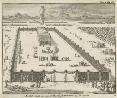 Gezicht op de voorhof en het tabernakel