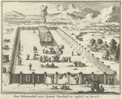 Gezicht op de voorhof en het tabernakel
