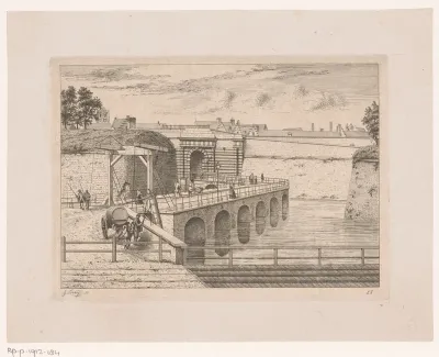 Gezicht op de voormalige stadspoort Rode Poort in Antwerpen