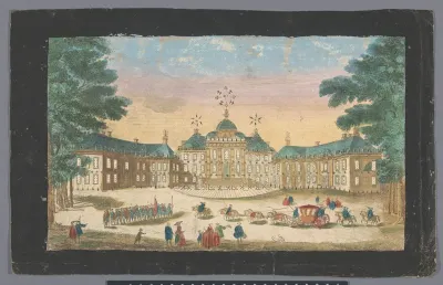 Gezicht op de voorzijde van het Paleis Huis ten Bosch te Den Haag