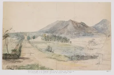 Gezicht op de vulkanen Gedé en Pangrango, weg Cianjur-Cipanas en buitenverblijf van de gouverneur-generaal te Cipanas, Priangan,  West-Java