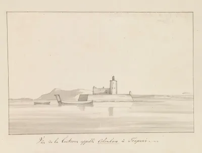 Gezicht op de vuurtoren, genaamd Colombaro, te Trapani