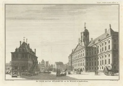 Gezicht op de Waag en het Stadhuis op de Dam te Amsterdam