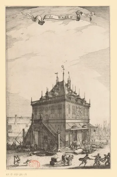 Gezicht op de Waag op de Dam te Amsterdam