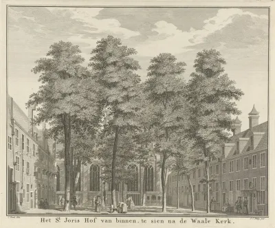 Gezicht op de Waalse Kerk en het Sint-Jorishof te Amsterdam