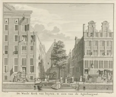 Gezicht op de Waalse Kerk en het Walenpleintje te Amsterdam