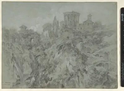Gezicht op de watervallen bij Tivoli met de tempel van de Sybille
