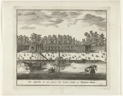 Gezicht op de watervallen en het Grand Canal in de tuin van het paleis van Fontainebleau