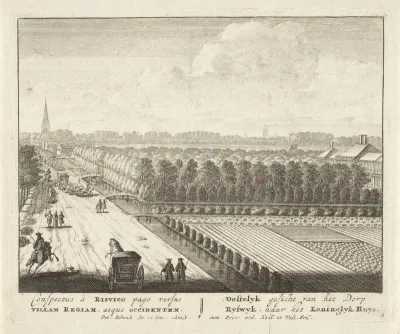 Gezicht op de weg naar Rijswijk met rechts de toegangsbruggen naar Huis ter Nieuburch