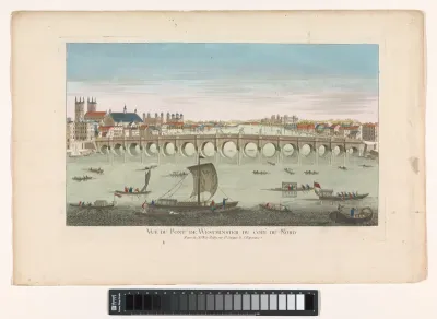 Gezicht op de Westminster Bridge over de rivier de Theems te Londen, gezien vanaf de noordzijde