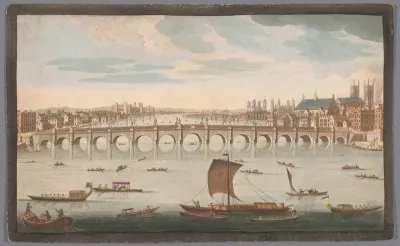 Gezicht op de Westminster Bridge over de rivier de Theems te Londen, gezien vanaf de noordzijde