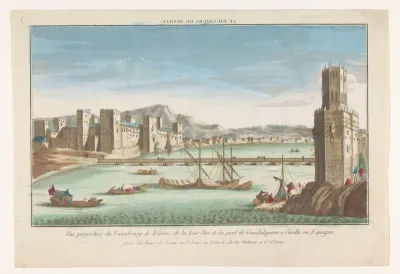 Gezicht op de wijk Triana, een brug over de rivier de Guadalquivir en de Torre del Oro te Sevilla
