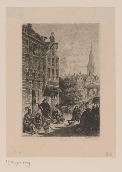 Gezicht op de woning van Rembrandt in de Jodenbreestraat in Amsterdam