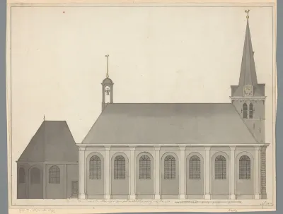 Gezicht op de zijkant van de kerk te Berkel en Rodenrijs