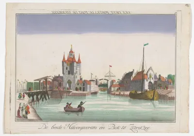 Gezicht op de Zuidhavenpoort en de Noordhavenpoort te Zierikzee