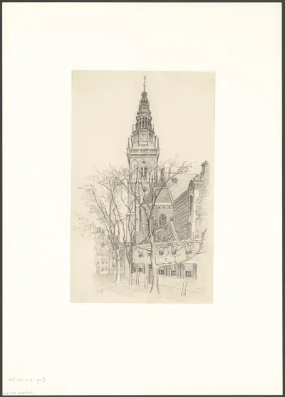 Gezicht op de zuidzijde van de Oude Kerk met de toren